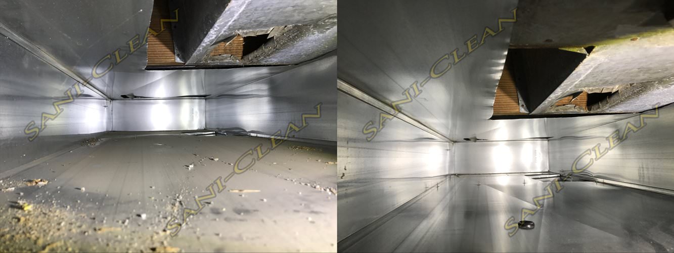 Before and after pic of a main trunkline cleaned by Sani-Clean Air Duct Cleaning