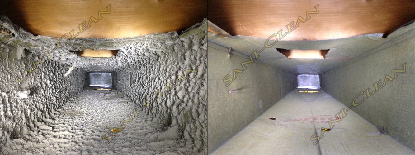 Before and after pic of a main trunkline cleaned by Sani-Clean Air Duct Cleaning