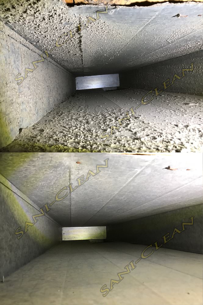 Before and after pic of a main trunkline cleaned by Sani-Clean Air Duct Cleaning