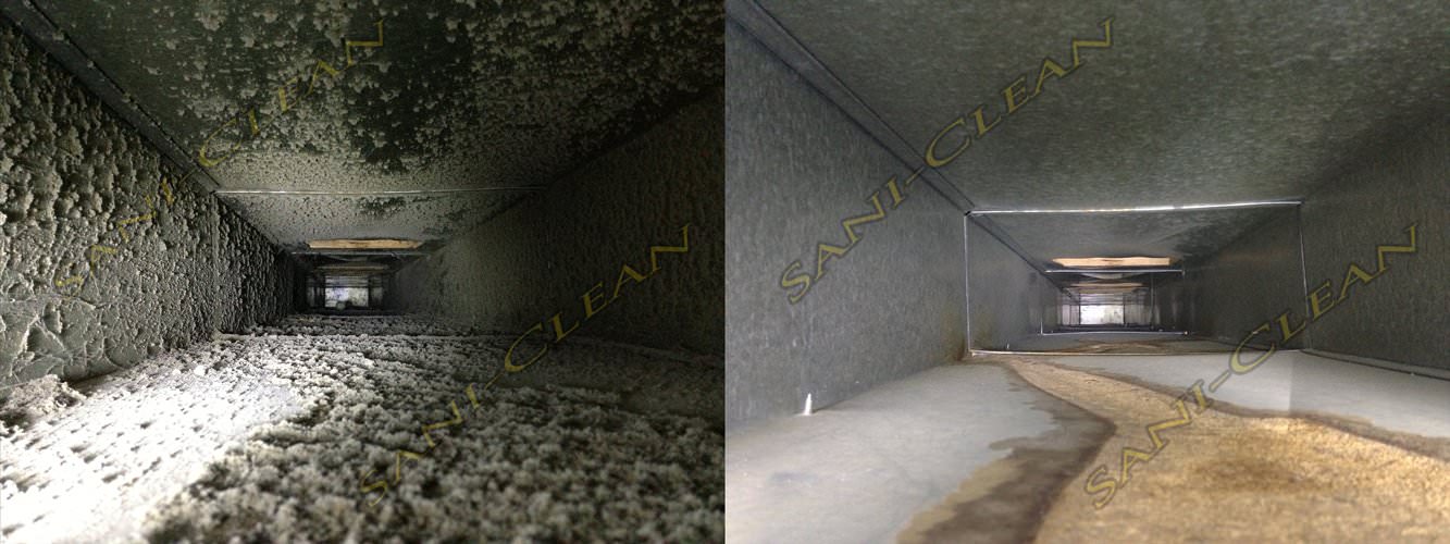 Before and after pic of a main trunkline cleaned by Sani-Clean Air Duct Cleaning