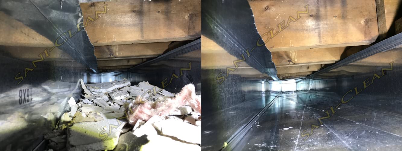 Before and after pic of a main trunkline cleaned by Sani-Clean Air Duct Cleaning