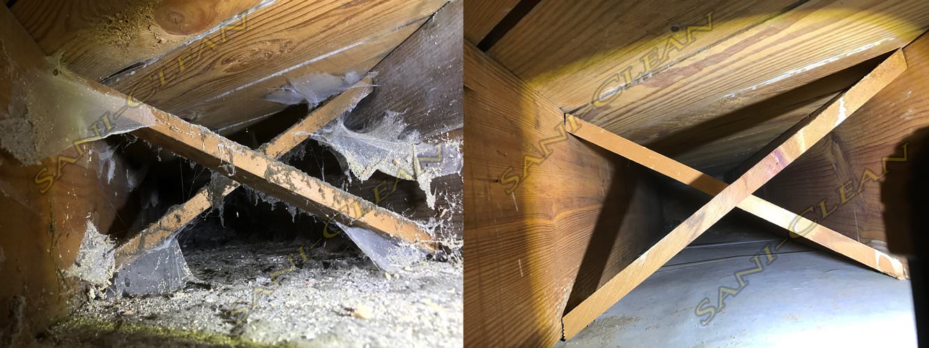 Before and after pic of a main trunkline cleaned by Sani-Clean Air Duct Cleaning