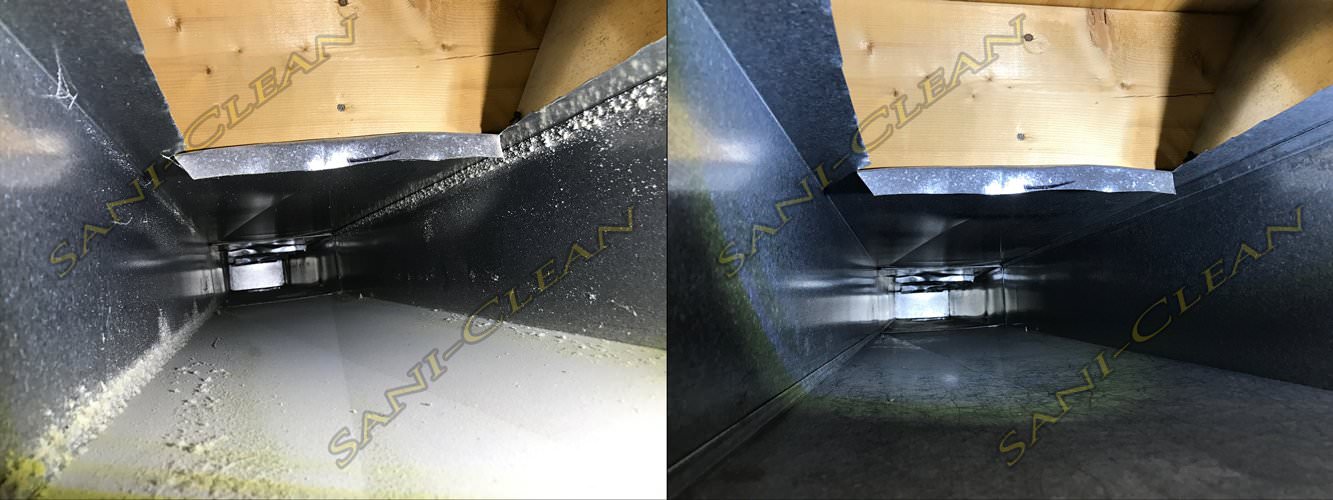 Before and after pic of a main trunkline cleaned by Sani-Clean Air Duct Cleaning