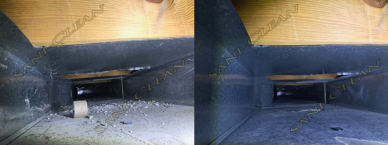 Before and after pic of a main trunkline cleaned by Sani-Clean Air Duct Cleaning