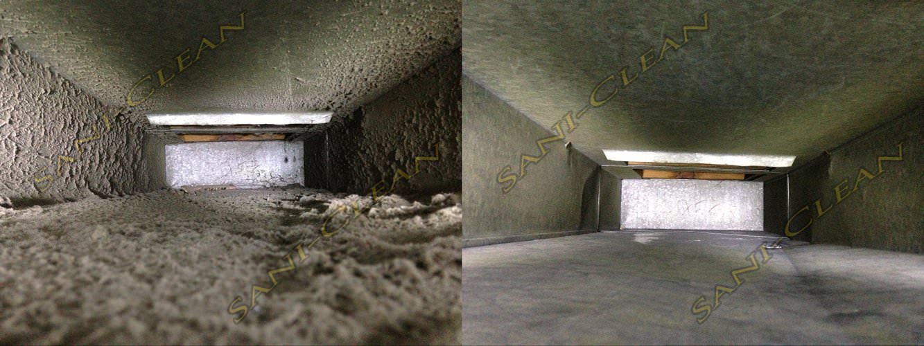 Before and after pic of a main trunkline cleaned by Sani-Clean Air Duct Cleaning