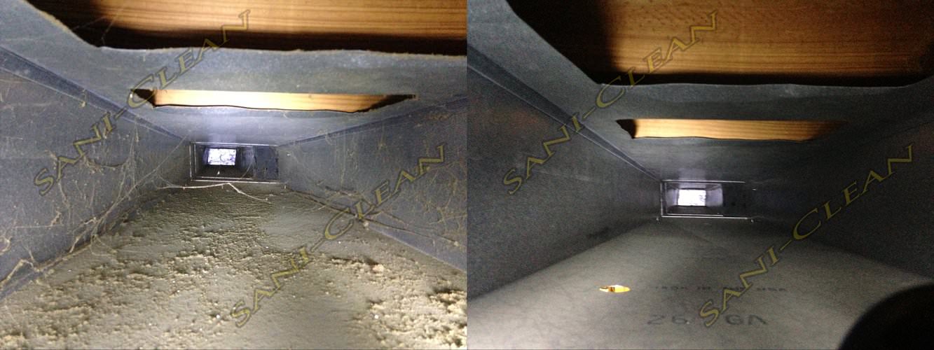 Before and after pic of a main trunkline cleaned by Sani-Clean Air Duct Cleaning