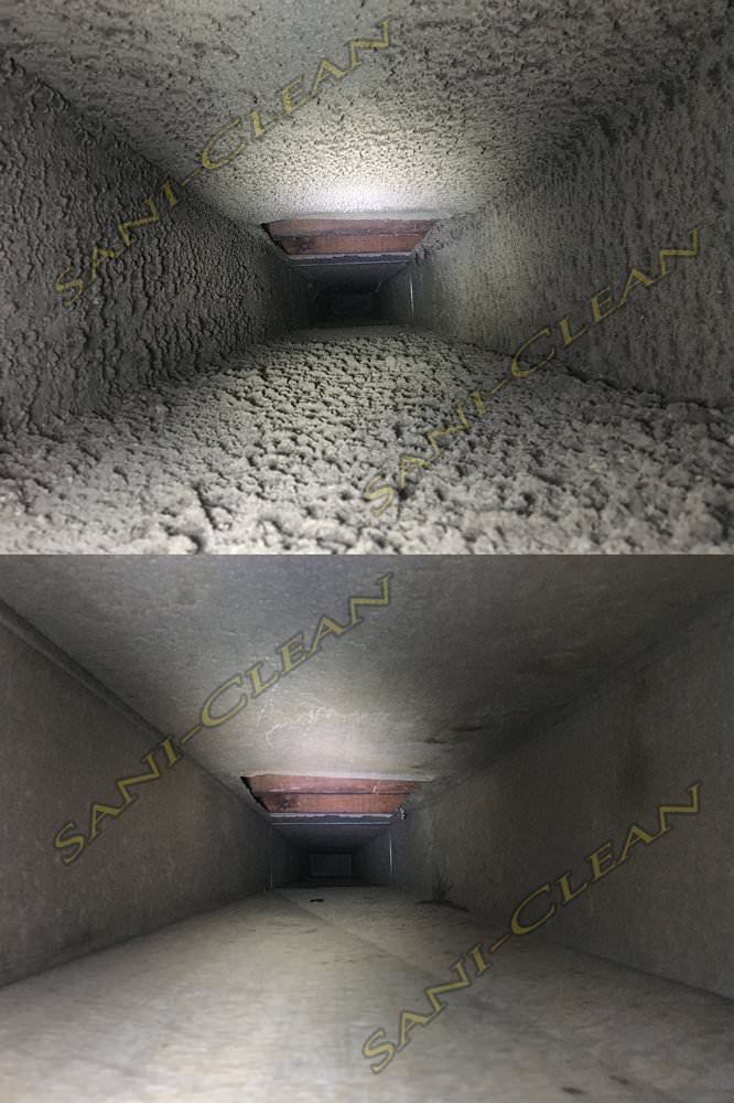 Before and after pic of a main trunkline cleaned by Sani-Clean Air Duct Cleaning