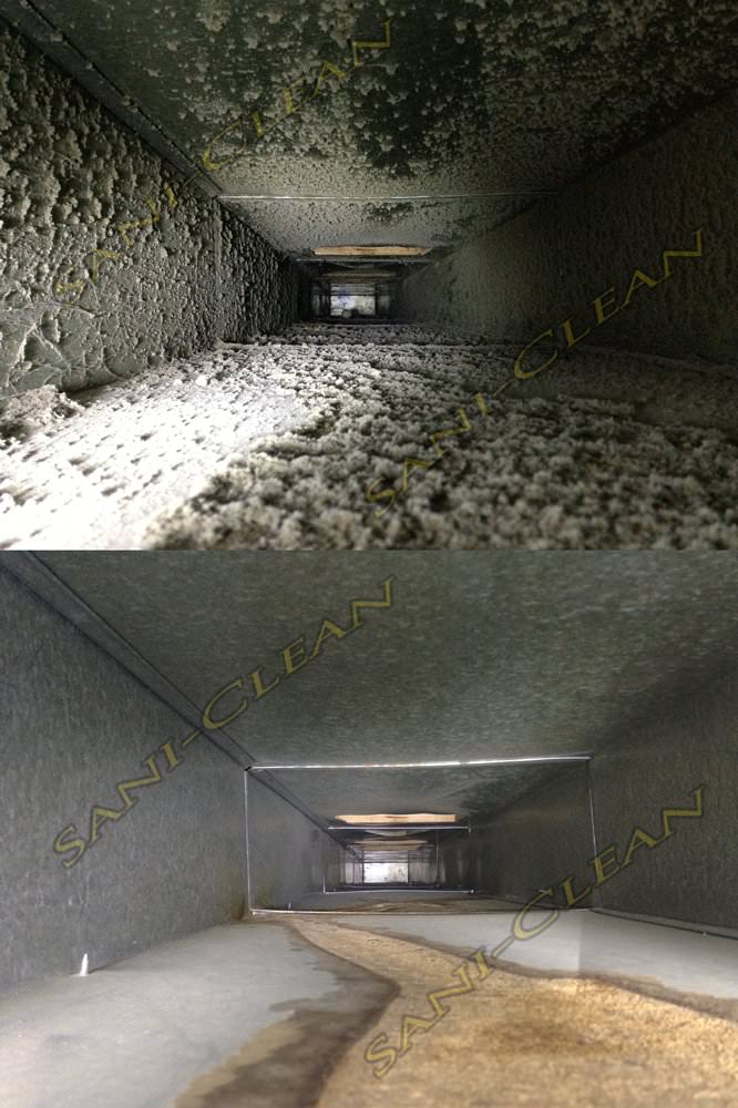 Before and after pic of a main trunkline cleaned by Sani-Clean Air Duct Cleaning