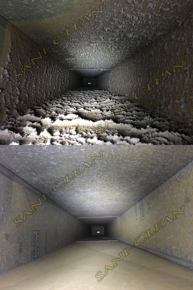 Before and after pic of a main trunkline cleaned by Sani-Clean Air Duct Cleaning