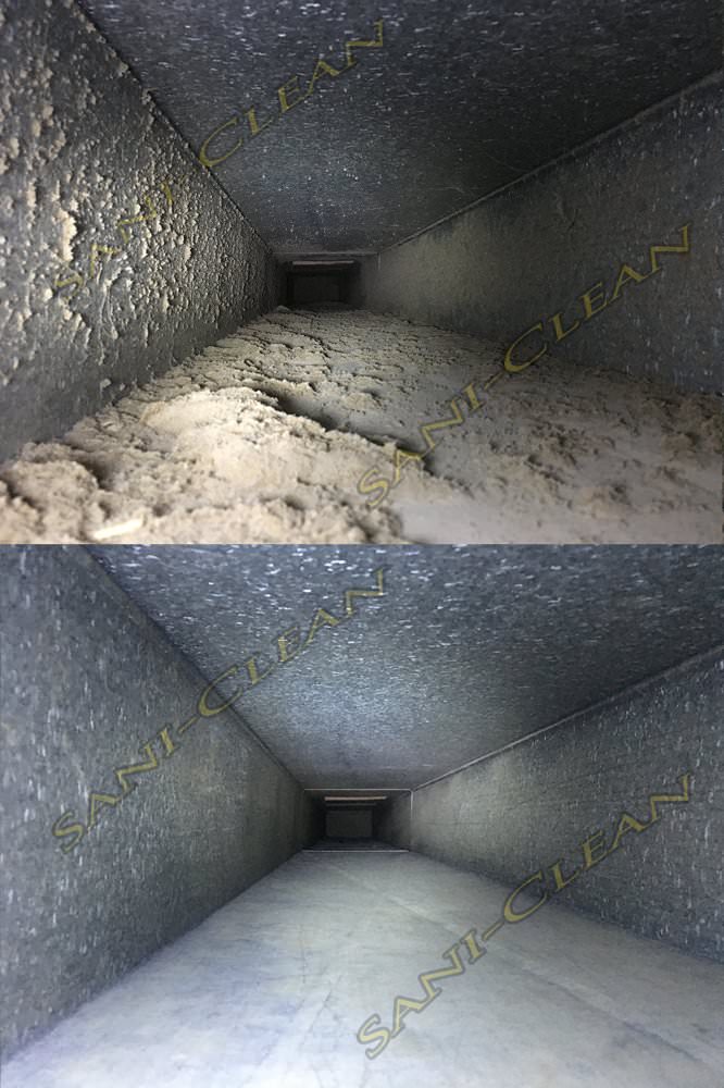 Before and after pic of a main trunkline cleaned by Sani-Clean Air Duct Cleaning