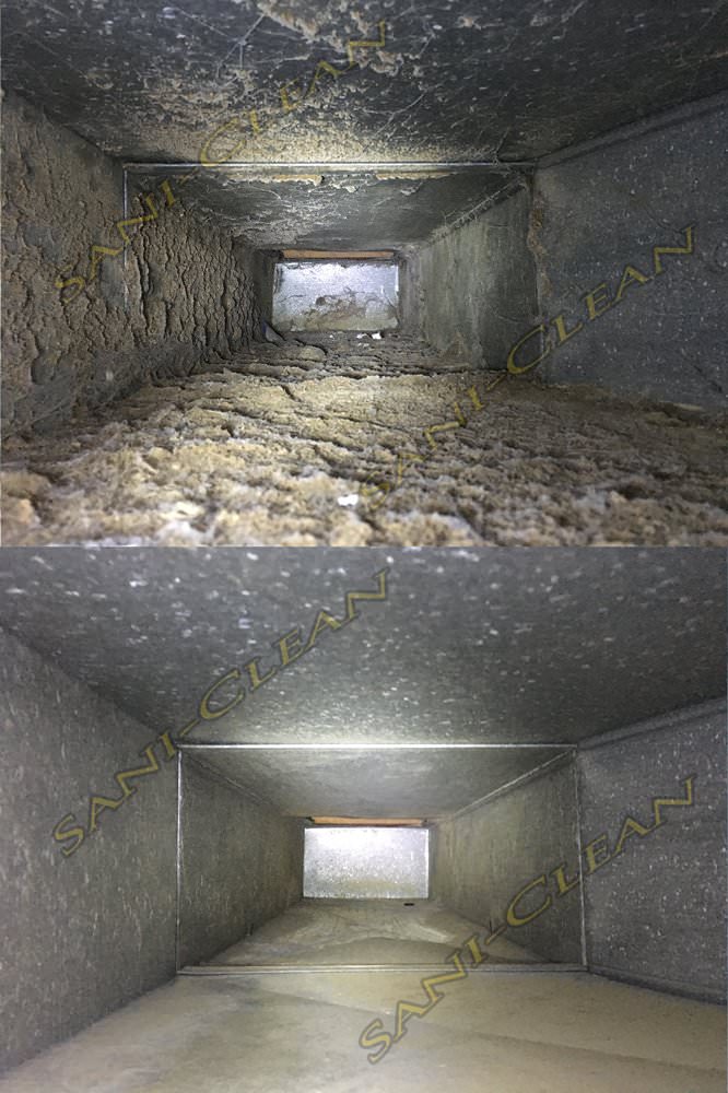 Before and after pic of a main trunkline cleaned by Sani-Clean Air Duct Cleaning