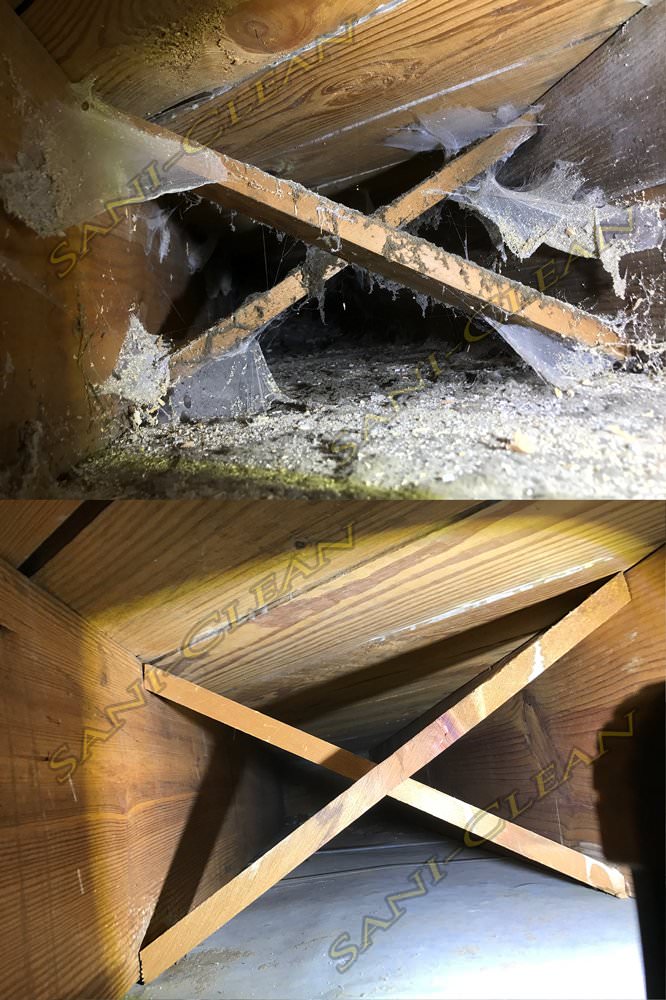 Before and after pic of a main trunkline cleaned by Sani-Clean Air Duct Cleaning