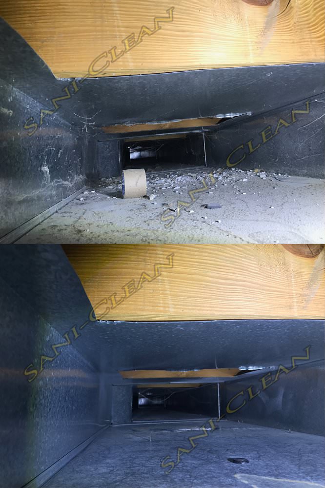 Before and after pic of a main trunkline cleaned by Sani-Clean Air Duct Cleaning