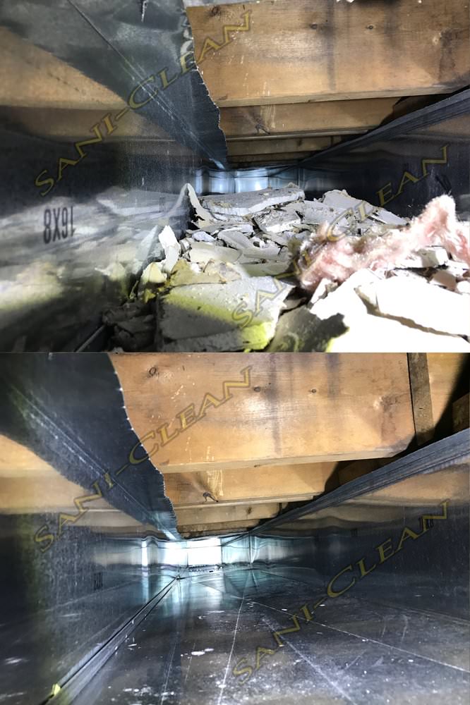 Before and after pic of a main trunkline cleaned by Sani-Clean Air Duct Cleaning