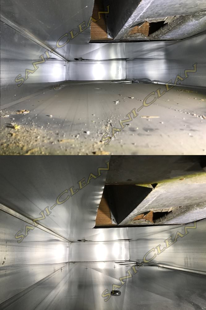 Before and after pic of a main trunkline cleaned by Sani-Clean Air Duct Cleaning