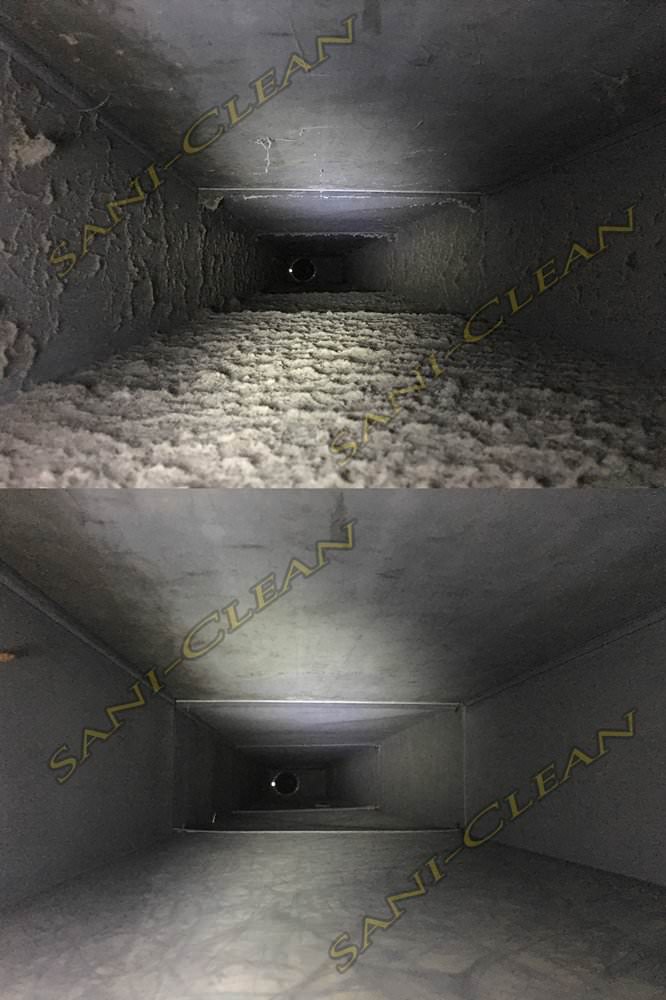 Before and after pic of a main trunkline cleaned by Sani-Clean Air Duct Cleaning