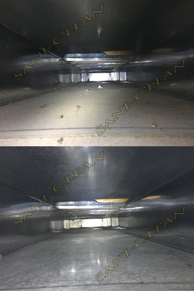 Before and after pic of a main trunkline cleaned by Sani-Clean Air Duct Cleaning